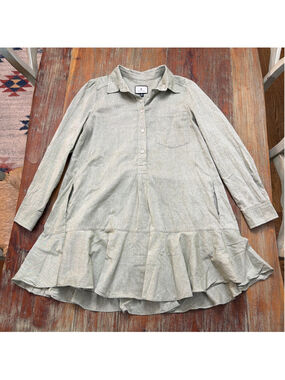 Tuckernuck Sage Green Linen Look 100% Cotton Drop Waist Ruffle Hem Shirt Dress S